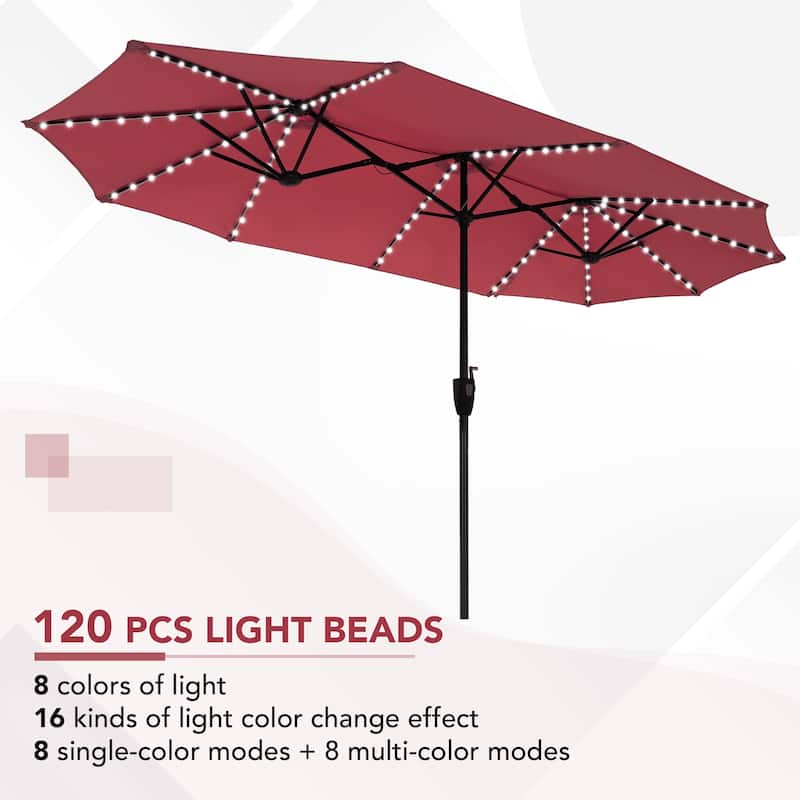 MAISON ARTS Double-Sided 13-foot Twin Outdoor Market Crank Umbrella with Colored LED Lights