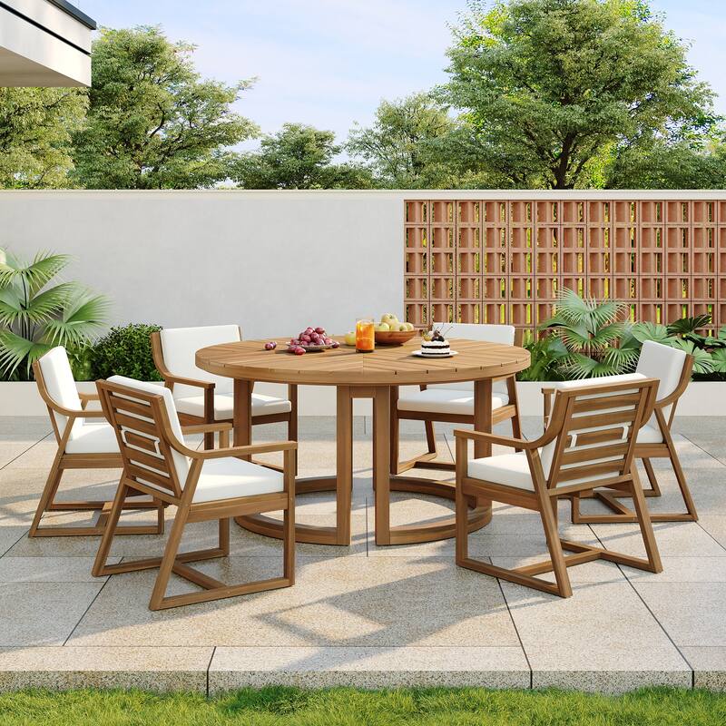 Round Patio Dining Table Set for 6 with Umbrella Hole Durable Acacia Wood Outdoor Furniture