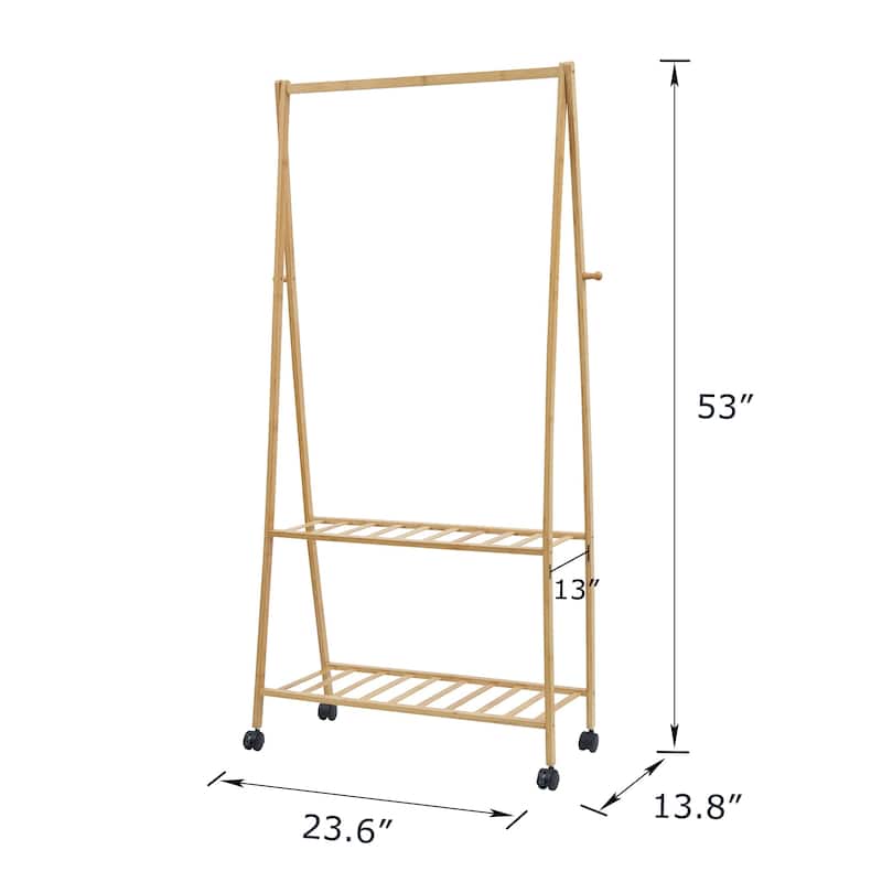 Javlergo 59/53 Inch Tall Bamboo Coat Rack with 2 Shelves 4 Wheels & Hooks Multi-Functional Freestanding Clothes Rack for Bedroom