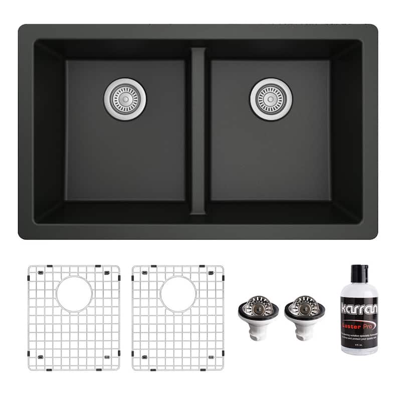 Karran 32" Undermount Double Equal Bowl Quartz Kitchen Sink Kit - 32" x 19.5" x 9"