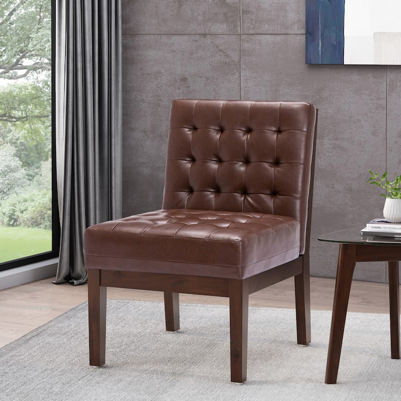 Dark Brown Modern 22.25" PU Upholstered Button Tufted Accent Chair with Rubber Wood Legs - Dark Brown