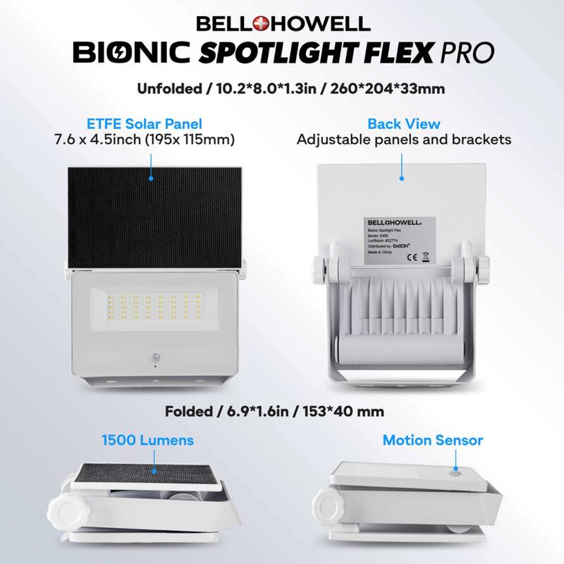 Bell + Howell Bionic Spotlight Flex Pro 1500 Lumens Solar Powered Motion Sensor Outdoor Security Light - 9"H x 7.5"W