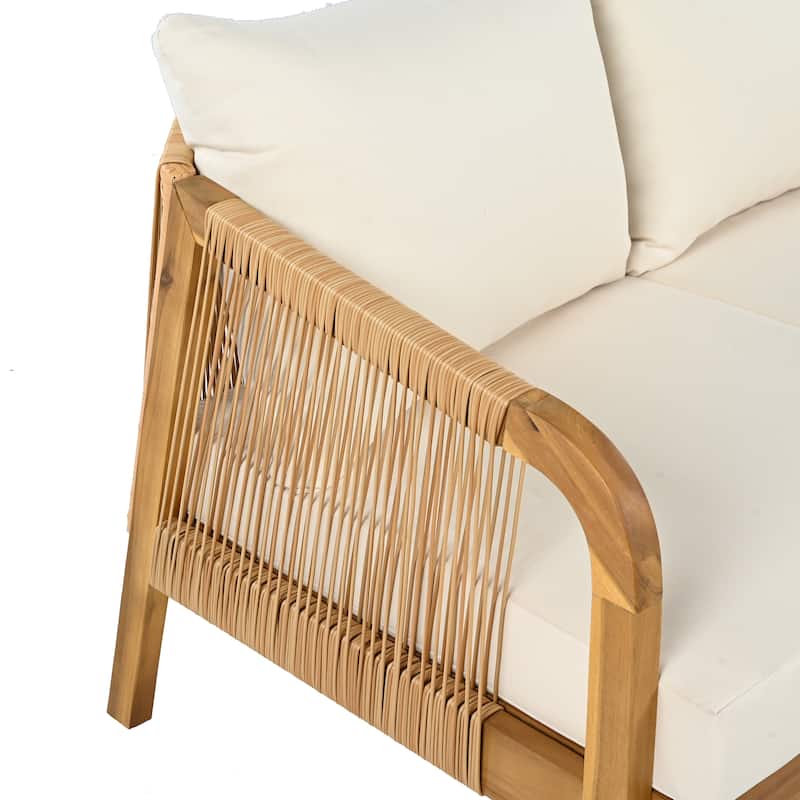 Christopher Knight Home - Rice Acacia Wood and Rattan Patio 5 Piece Chat Set with Cushions and Sofa Ottoman