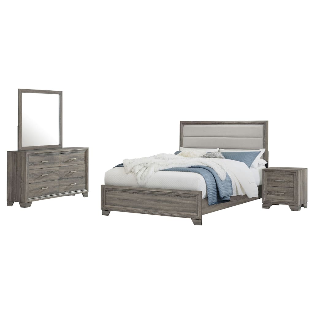 Reay 4 Piece King Bedroom Set with Dressers, Upholstered, Gray Brown