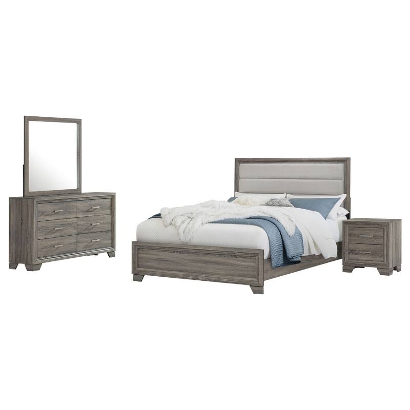 Reay 4 Piece Queen Bedroom Set with Dressers, Upholstered, Gray Brown