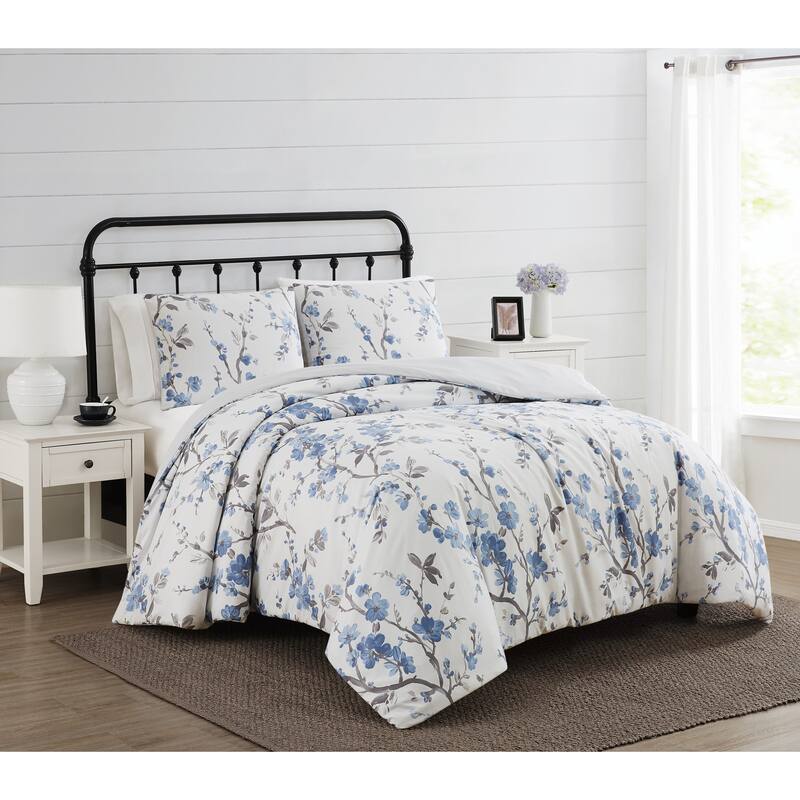 Cannon Kasumi Floral 3 Piece Duvet Cover Set - White/Blue - Full - Queen