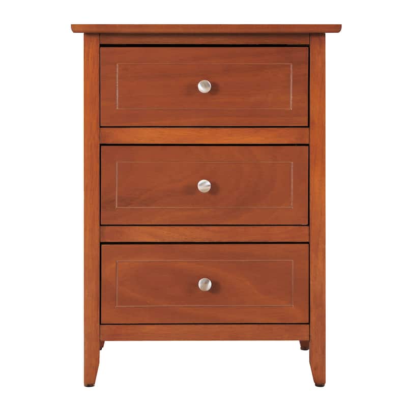 Oak Nightstand 25x19x15 Transitional Bedside Table with Three Drawers, Warm Stylish Finish and Compact Bedroom Storage