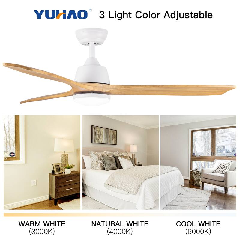 52" Intergrated LED Ceiling Fan Lighting with Remote Control, Solid Wood Ceiling Fan Blades - Beige+yellow