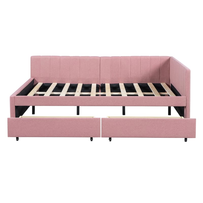 Full Size Upholstered Daybed with Storage Drawers, Linen Fabric, Pink