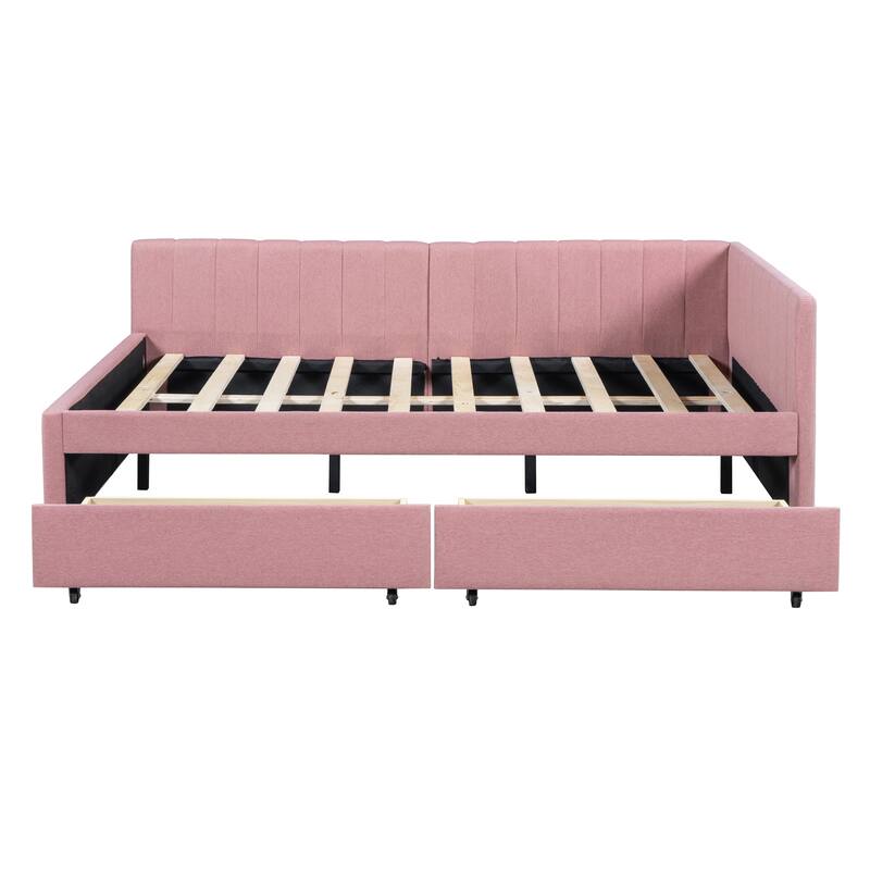 L-Shaped Backrest Daybed Upholstered Daybed Frame Classic Wood Slats Design with 2 Storage Drawers or Trundle, Full Size