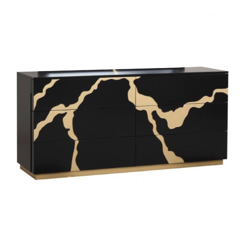 Goldie 6 Drawer Wide Dresser, Black and Gold Wood, Bedroom Storage
