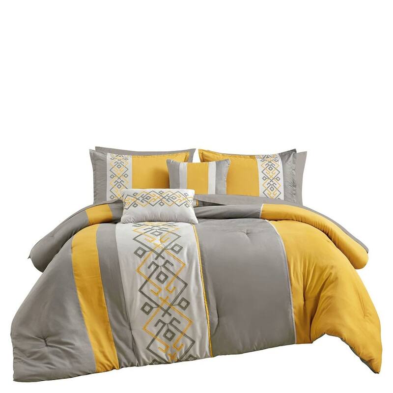 9 Piece Bed-in-a-Bag Yellow Grey Geometric Modern Solid Soft Bedding Comforter Set