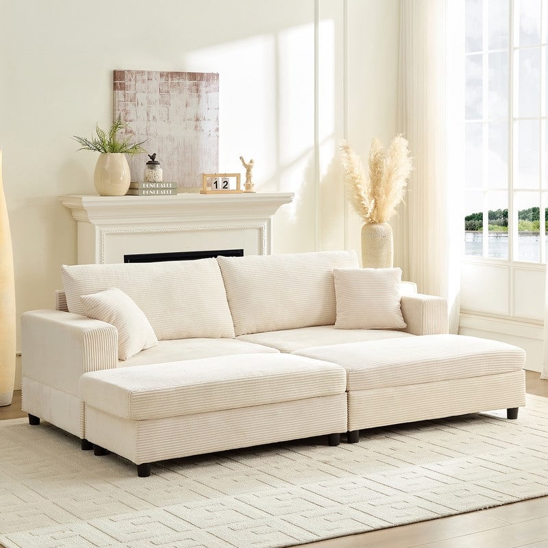 Mixoy Corduroy Chaise Lounge Deep Seat Sleeper Sofa Chair with Storage Ottoman,Upholstered 1-Seater/Loveseat Sofa Couch - 2-Seater Sofa - BEIGE