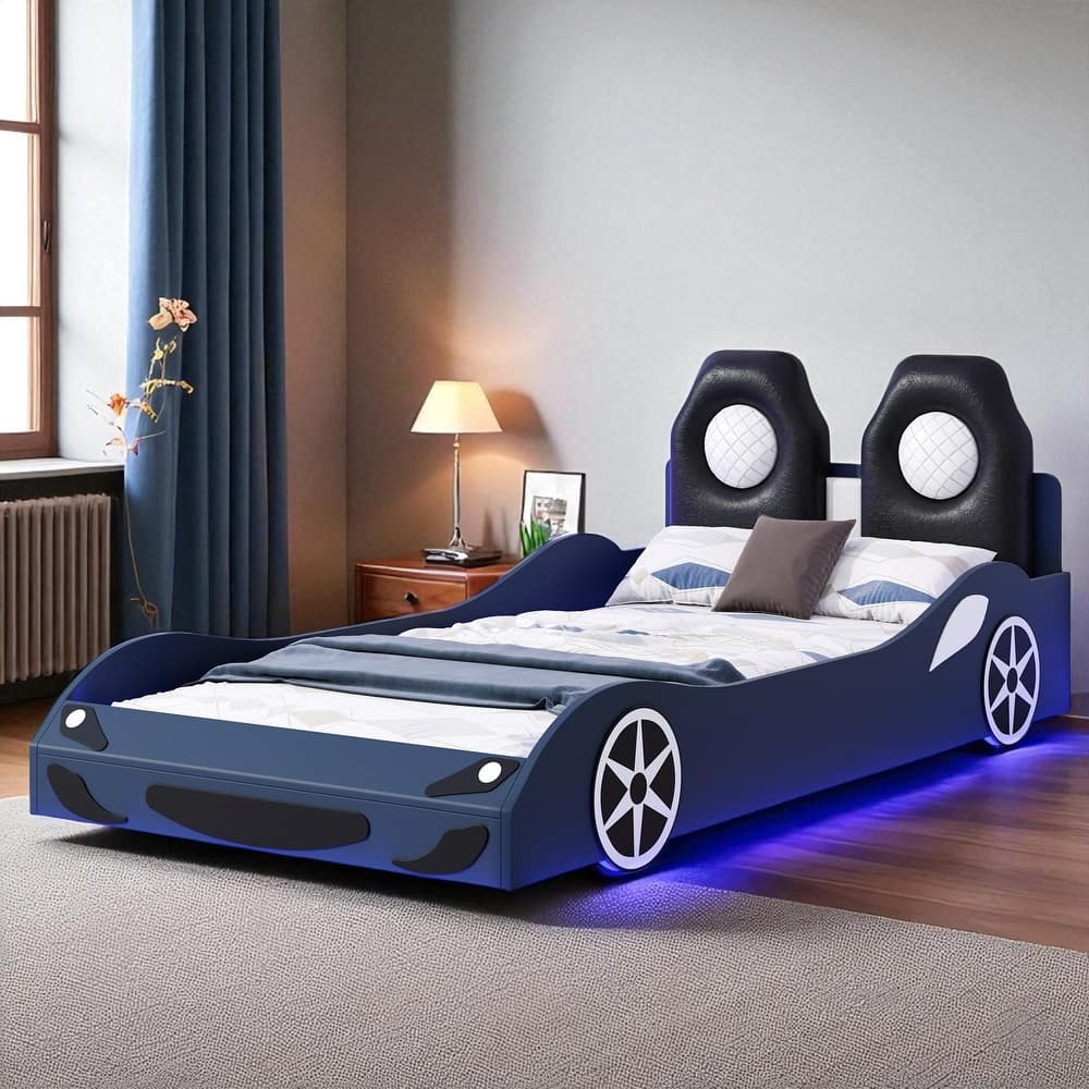 Twin Size Wood Race Car Platform Bed with LED Lights, Upholstered Backrest & Safety Rails