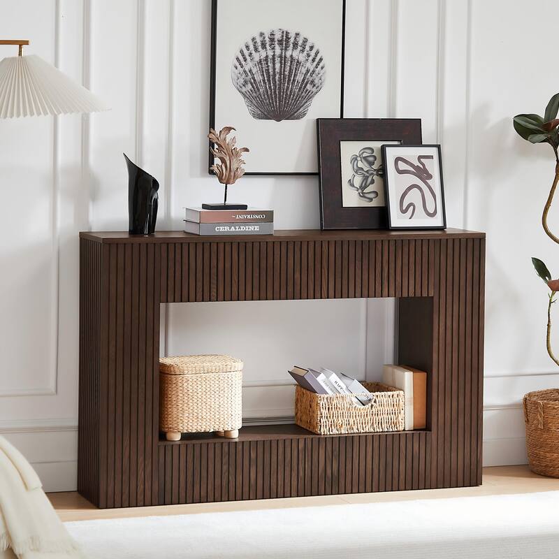 55" Modern Slatted Console Table for Living Room or Hallway - Walnut