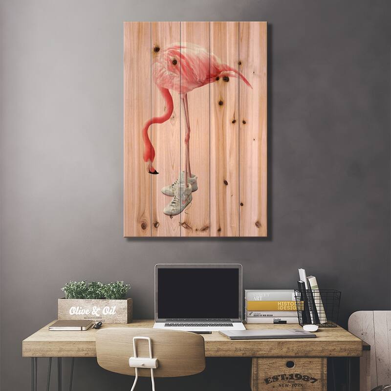 Sneaker Flamingo Print On Wood by Jonas Loose - Multi-Color