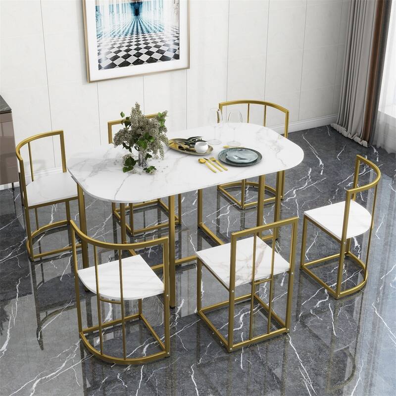 Mid-Century 7-Piece Dining Table Set for 6 People, Kitchen Dining Room Table Set with Faux Marble Dining Table and 6 Chairs - Golden