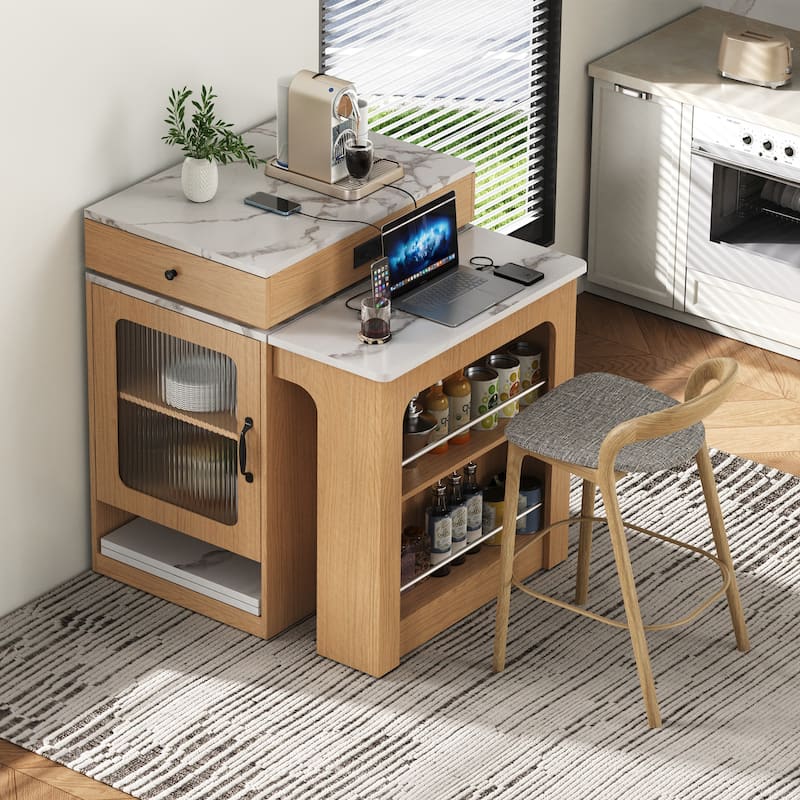 Kitchen Island with Extendable Dining Table, Kitchen Storage Table with 2 Drawers, Power Outlet, Open Shelves, for Diningroom