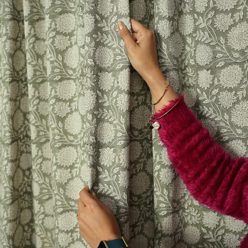 Fabdivine Handmade Floral Block Print Window or Door Room Décor Viscose Linen Curtain