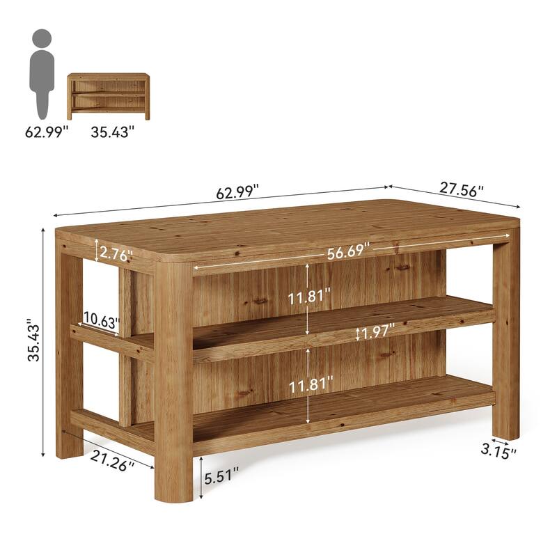 63 Inch Solid Wood Kitchen Island Table with Storage Shelves
