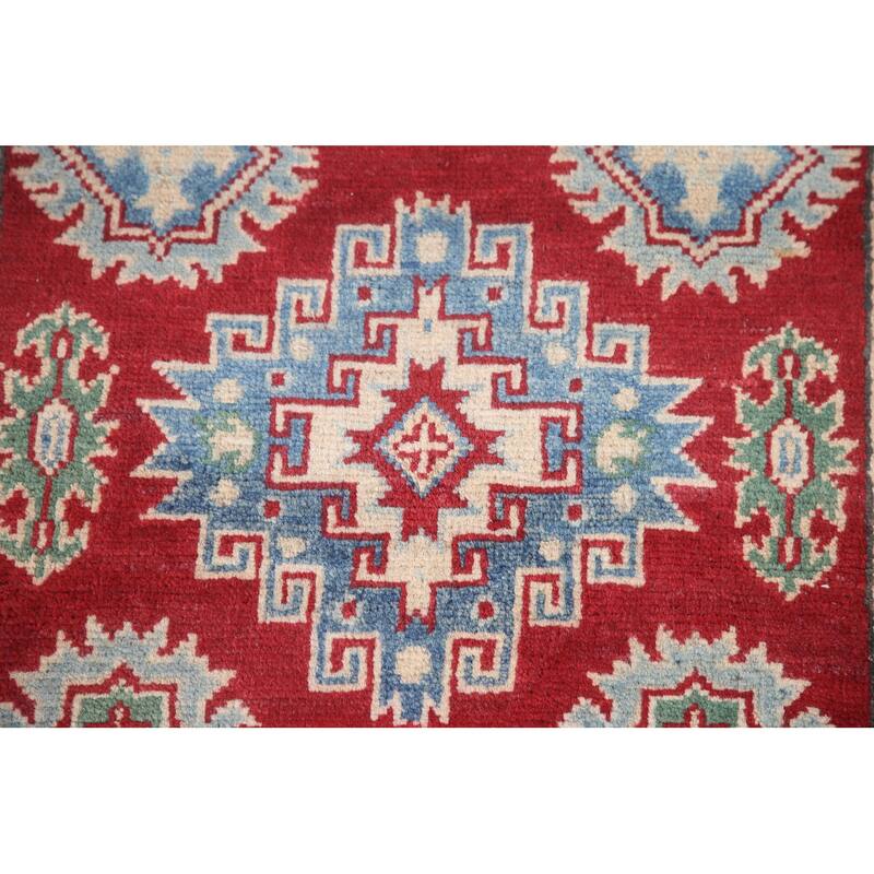 Hand Knotted Oriental 100% Wool Carpet Traditional Geometric Red Kazak Runner Rug - 6' 8'' X 2' 8''