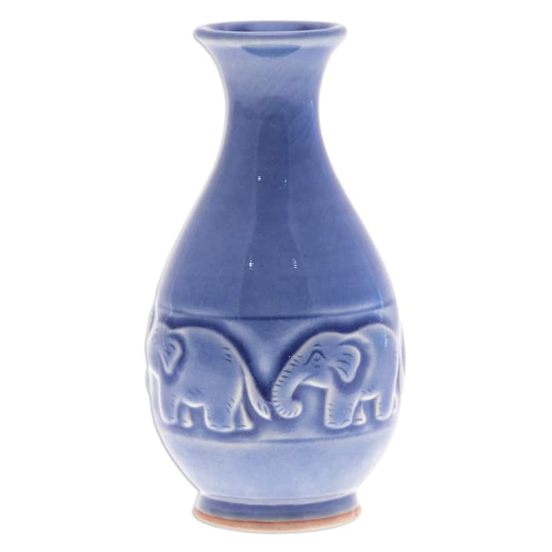 Novica Handmade Joyful Elephants Celadon Ceramic Vase
