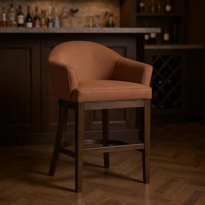 HomeRoots 40" Brown Fabric and Solid Wood Bar Height Swivel Bar Chair