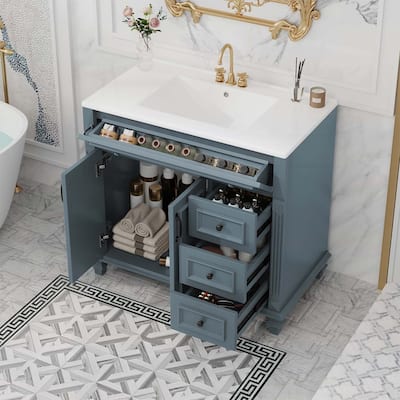 Freestanding Vanity Set with Flip-Out Drawer,3 Drawers,2 Soft-Close Doors