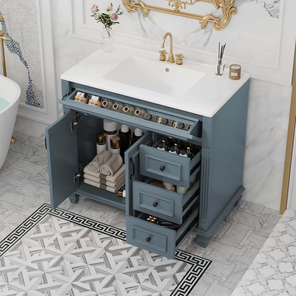 Freestanding Vanity Set with Flip-Out Drawer,3 Drawers,2 Soft-Close Doors