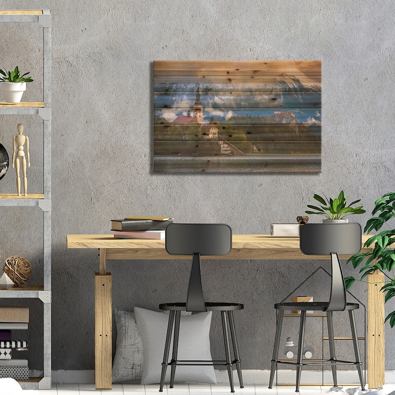 Europe, Slovenia, Lake Bled. Church Castle On Lake Island And Mountain Landscape. Print On Wood by Jaynes Gallery - Multi-Color