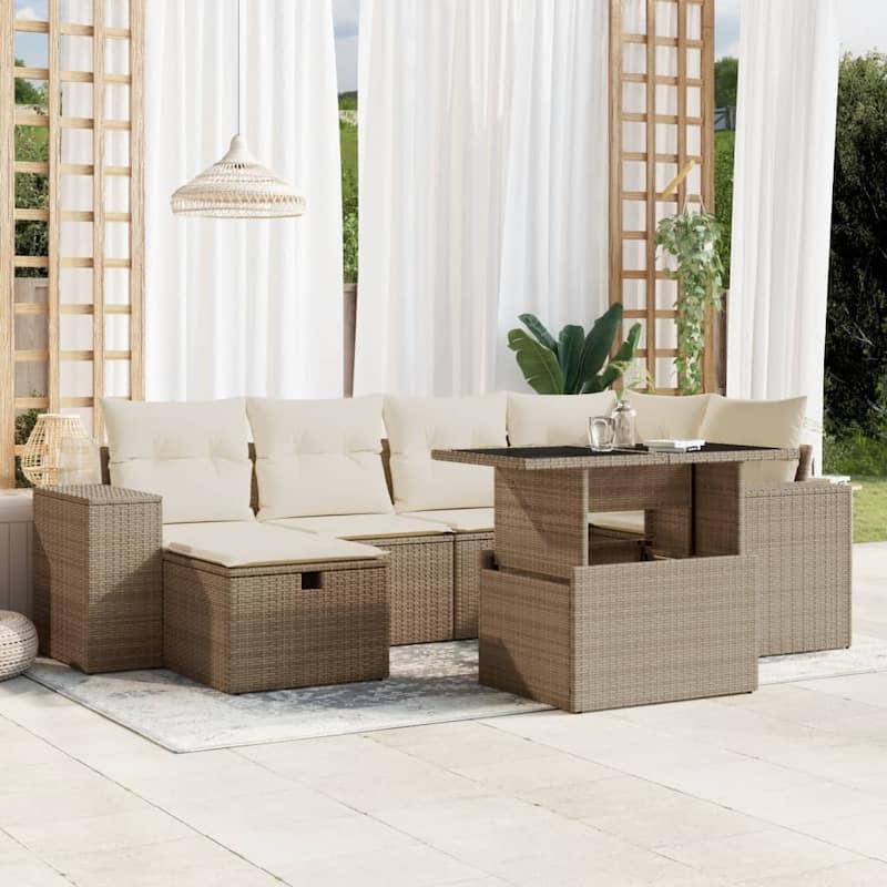 vidaXL Patio Sofa Set with Cushions Outdoor Furniture 7 Piece Poly Rattan - Beige and cream - 21.7 x 39.4 x 28.7 in