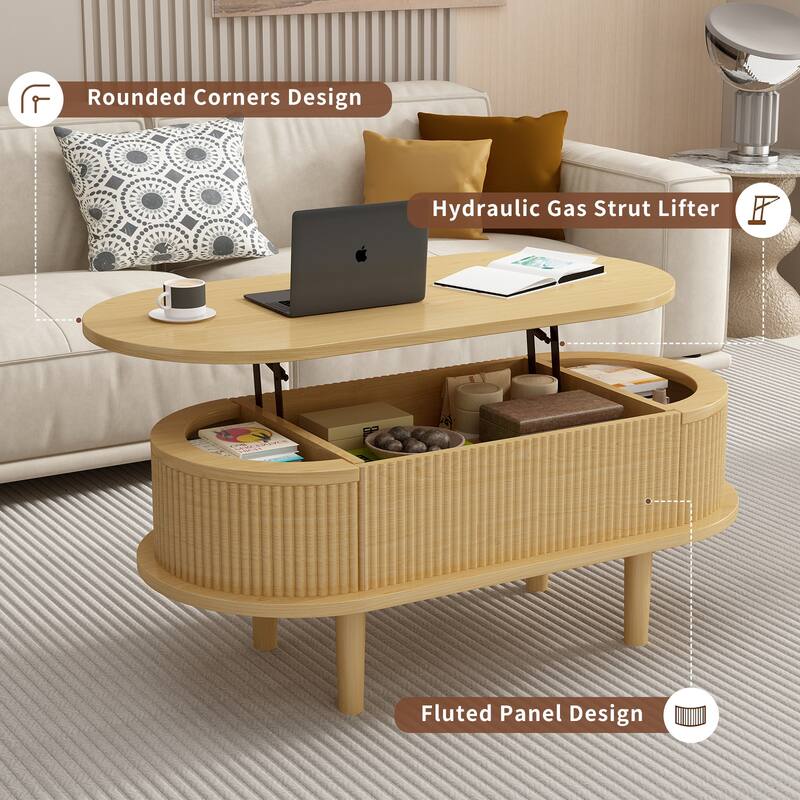 Fluted Lift Top Coffee Table with Hidden Compartment, Wooden Center Table, Modern Oval Lift Tabletop for Home