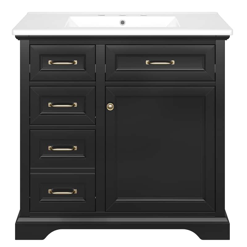 36 Inch Bathroom Vanity Ceramic Sink 4 Drawers Soft Close Door Metal Handles 8 Inch Faucet White