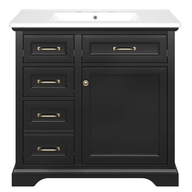 36-Inch Bathroom Vanity with Ceramic Sink Top, 4 Drawers and 1 Soft-Close Door, Freestanding Storage Cabinet with Metal Handles