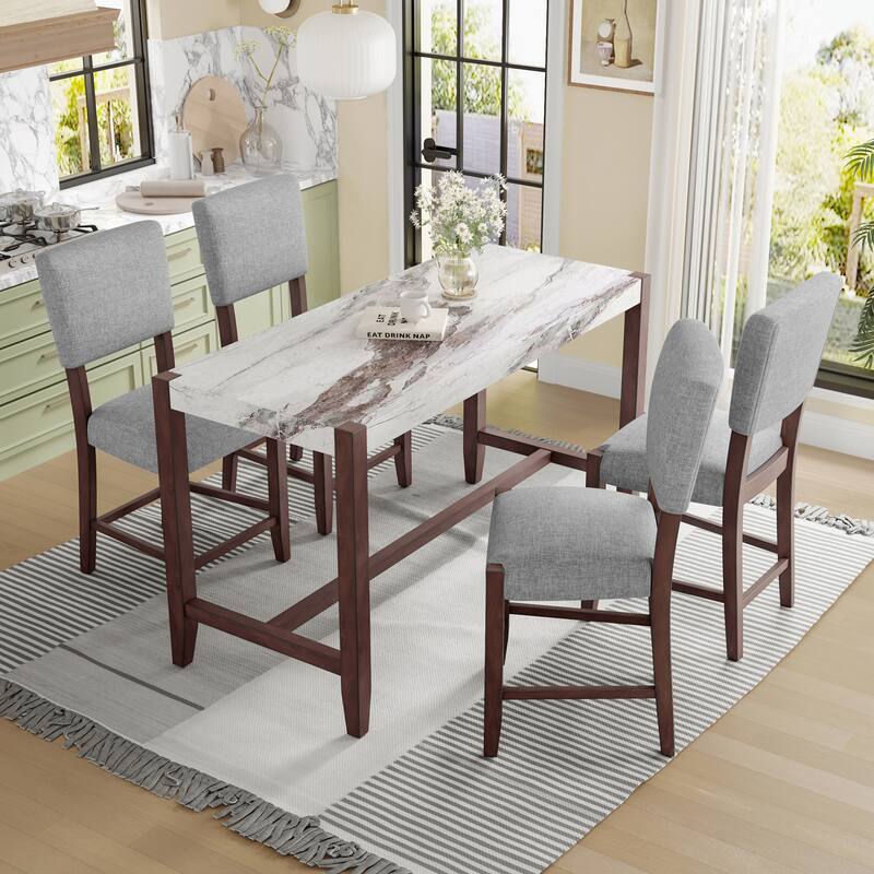 5 Piece Faux Marble Dining Table Set with 4 Upholstered Chairs - White