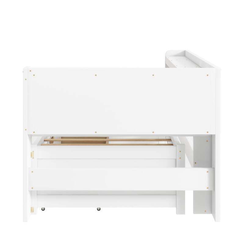 Twin Size L-shaped Bookcases Bed with Power Outlets, USB Charging Ports,Two Drawers