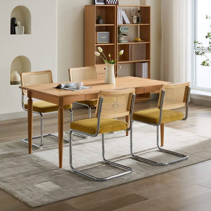 Velvet Dining Chair Set of 2 Gold Accent Chair with Natural Cane Back