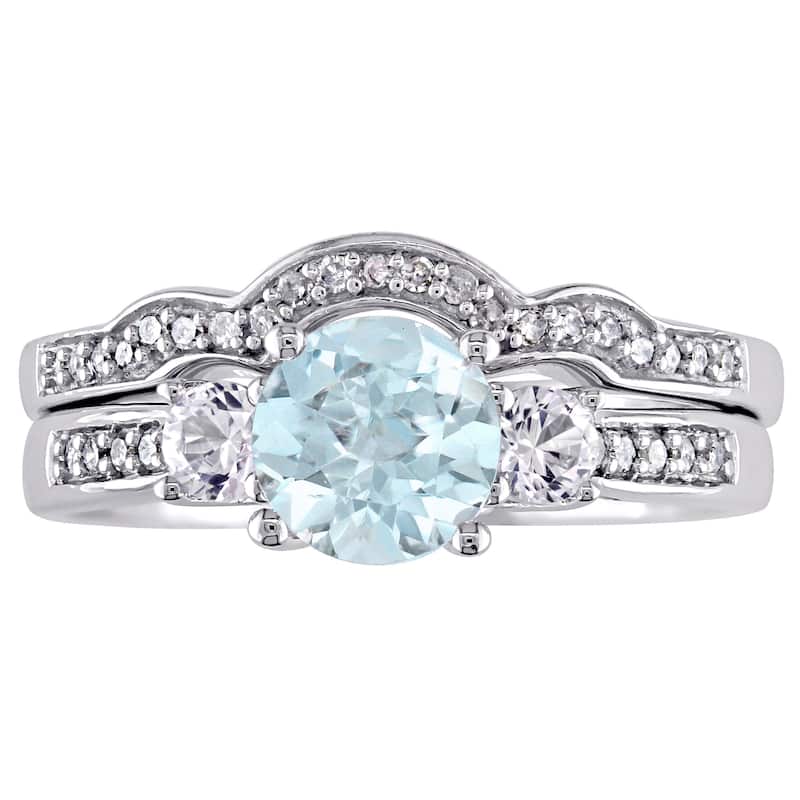 Miadora 10k White Gold Aquamarine Created White Sapphire 1/7ct TDW Diamond 3-stone Bridal Ring Set