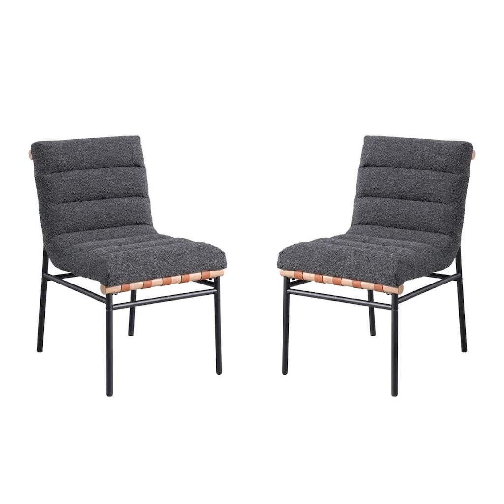 Kive Dining Chair Set of 2, Black Iron Legs, Gray Channel Tuft Boucle