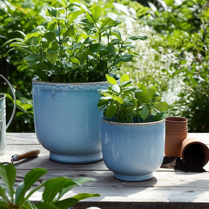 Stoneware Planters Drainage Holes and Glossy Glazed Finish (Set of 2)