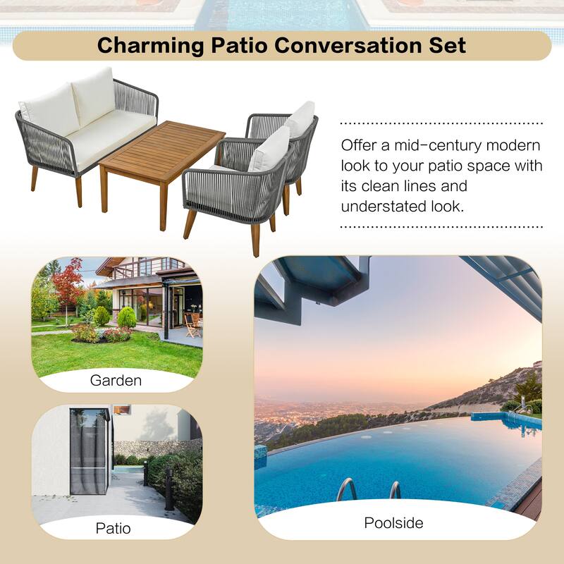 4-Piece Outdoor Rope Patio Conversation Set with Loveseat and Acacia Wood Table, Weather-Resistant Cushions and Metal Frame