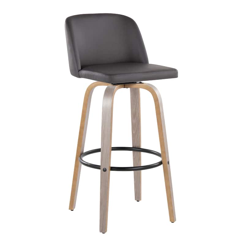 The Gray Barn Vallberga 30" Fixed-Height Bar Stool with Light Grey Wood Base (Set of 2) - Grey Faux Leather/Round Black Footrest