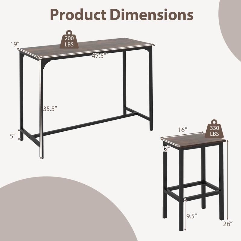 Costway 3 PCS Counter Height Table Set with Footrests Rectangular Pub