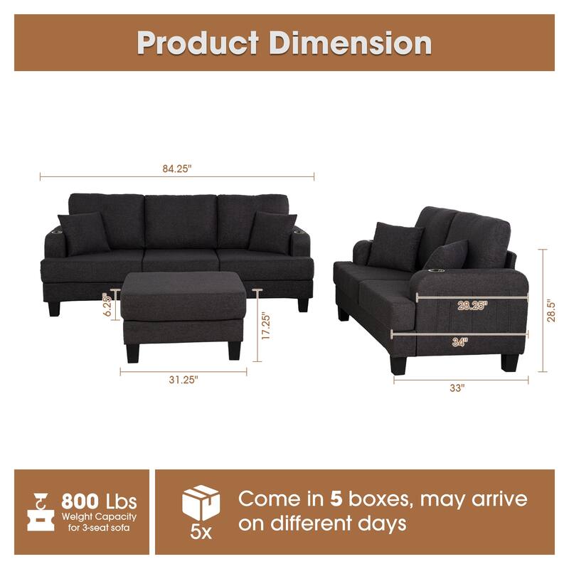 Modern Black Fabric 3-Piece Living Room Sofa Set with Loveset and Ottoman