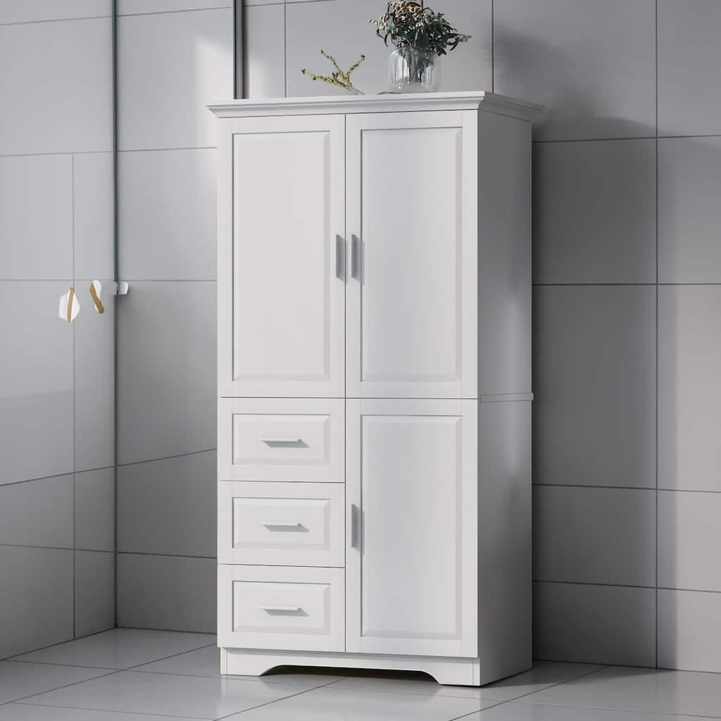 Tall Storage Cabinet with Doors and Drawers, Freestanding Bathroom Organizer with Adjustable Shelves