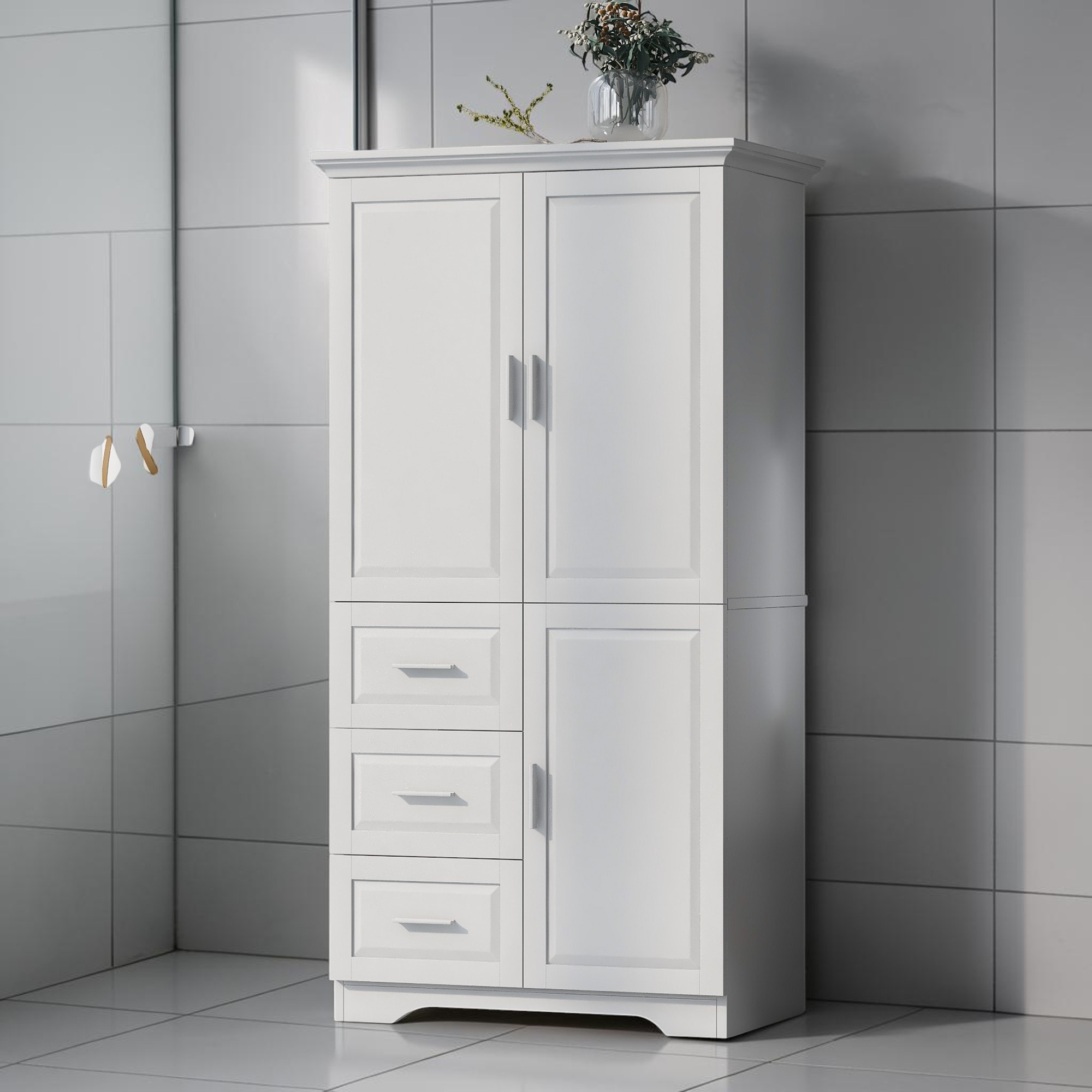 Tall Storage Cabinet with Doors and Drawers, Freestanding Bathroom Organizer with Adjustable Shelves