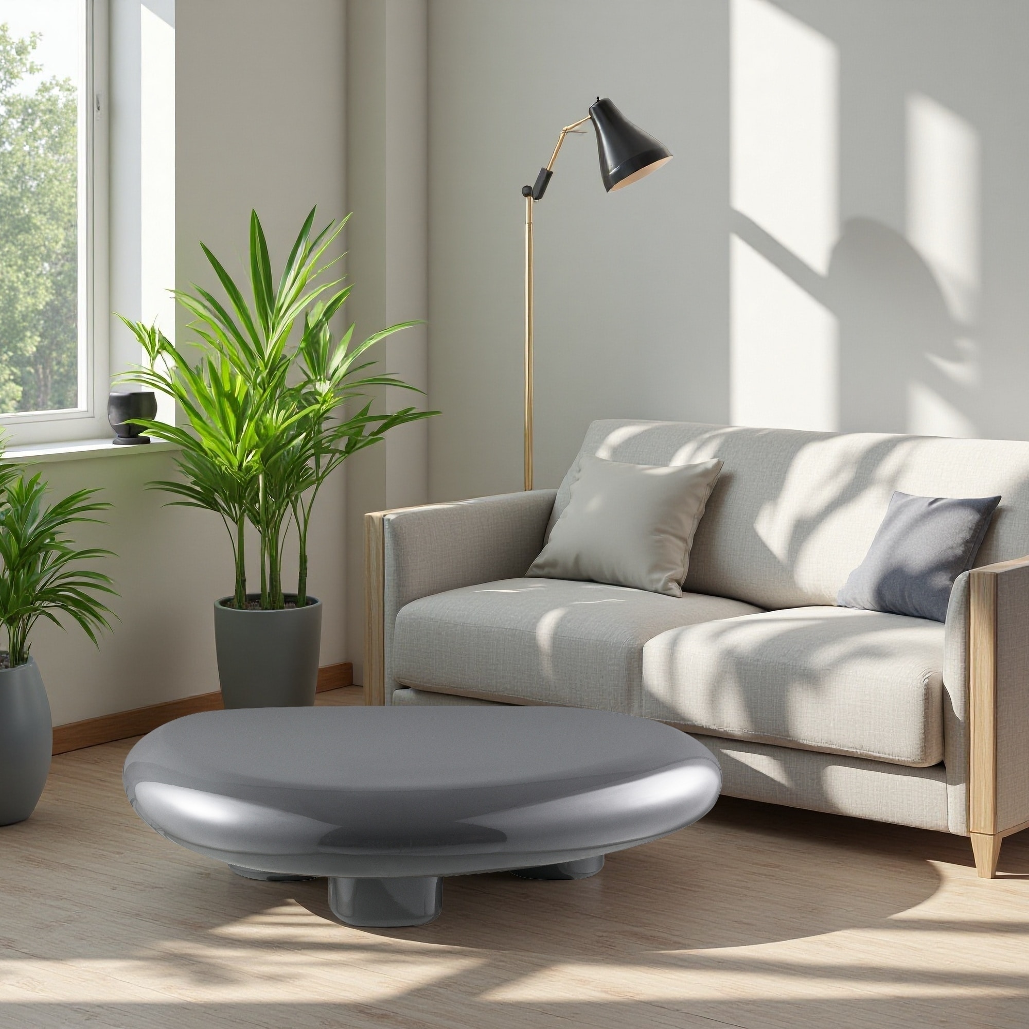 46" High Gloss MDF Coffee Table with 150mm Thick Top & Metal Base, Gray Living Room Center Table with 70lbs Weight Capacity