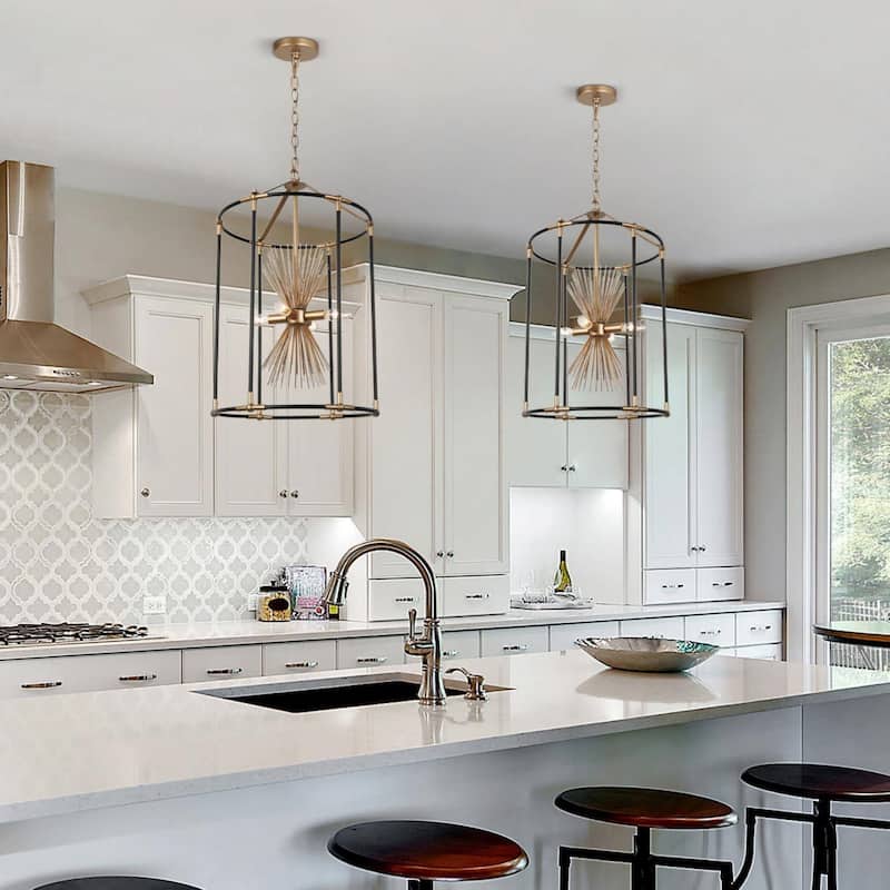 Modern Farmhouse 4-Light Black Gold Metal Chandelier Lantern Sputnik Pendant Lights for Dining Room - 16"D x 26.5"H