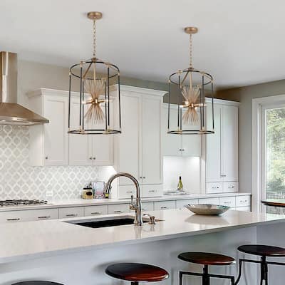 Modern Farmhouse 4-Light Black Gold Starburst Chandelier Cage Pendant Light for Dining Room