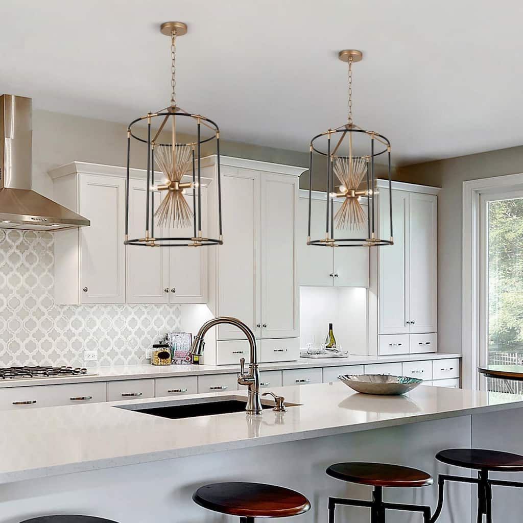 Modern Farmhouse 4-Light Black Gold Starburst Chandelier Cage Pendant Light for Dining Room